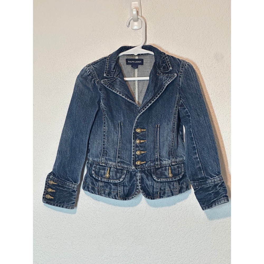 Ralph Lauren Toddler Girls Denim Military Jacket Blue Gold Crest Buttons 3/3T